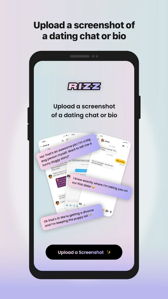 Upload screenshot of a dating chat in Rizz App